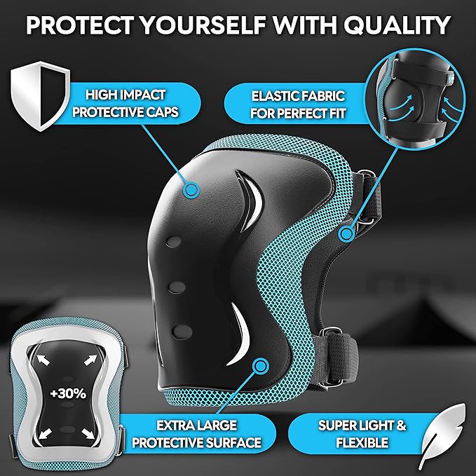 SKATEWIZ Skating Protective Gear Adults & Kids [6pc] incl. Knee Pads, Elbow Pads Wrist Guards for Roller Skating & Skateboarding