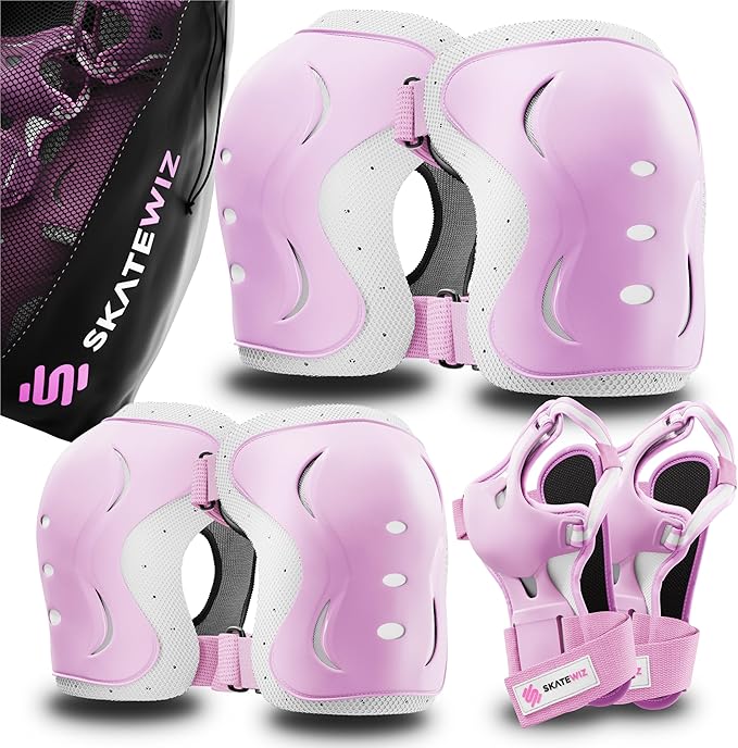 SKATEWIZ Skating Protective Gear Adults & Kids [6pc] incl. Knee Pads, Elbow Pads Wrist Guards for Roller Skating & Skateboarding