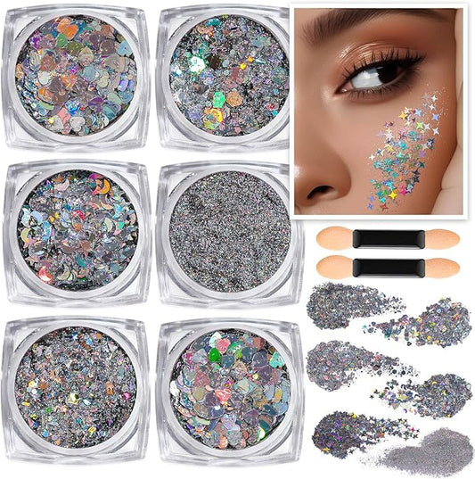Teenitor Face Glitter, Sliver Body Glitter, Holographic Face and Body Glitter Gel for Women, Rave Glitter for Face, Hair, Eye and Body