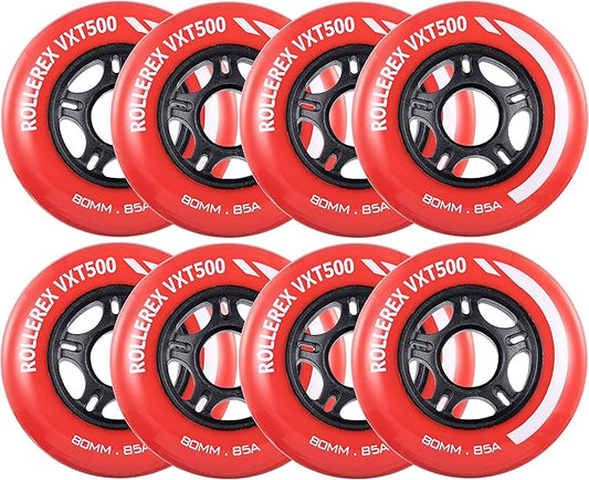 Rollerex VXT500 Inline Skate Wheels (8-Pack) (Various Size & Color Options Available) -Indoor Outdoor- Intended for Roller Blade Wheel Replacement