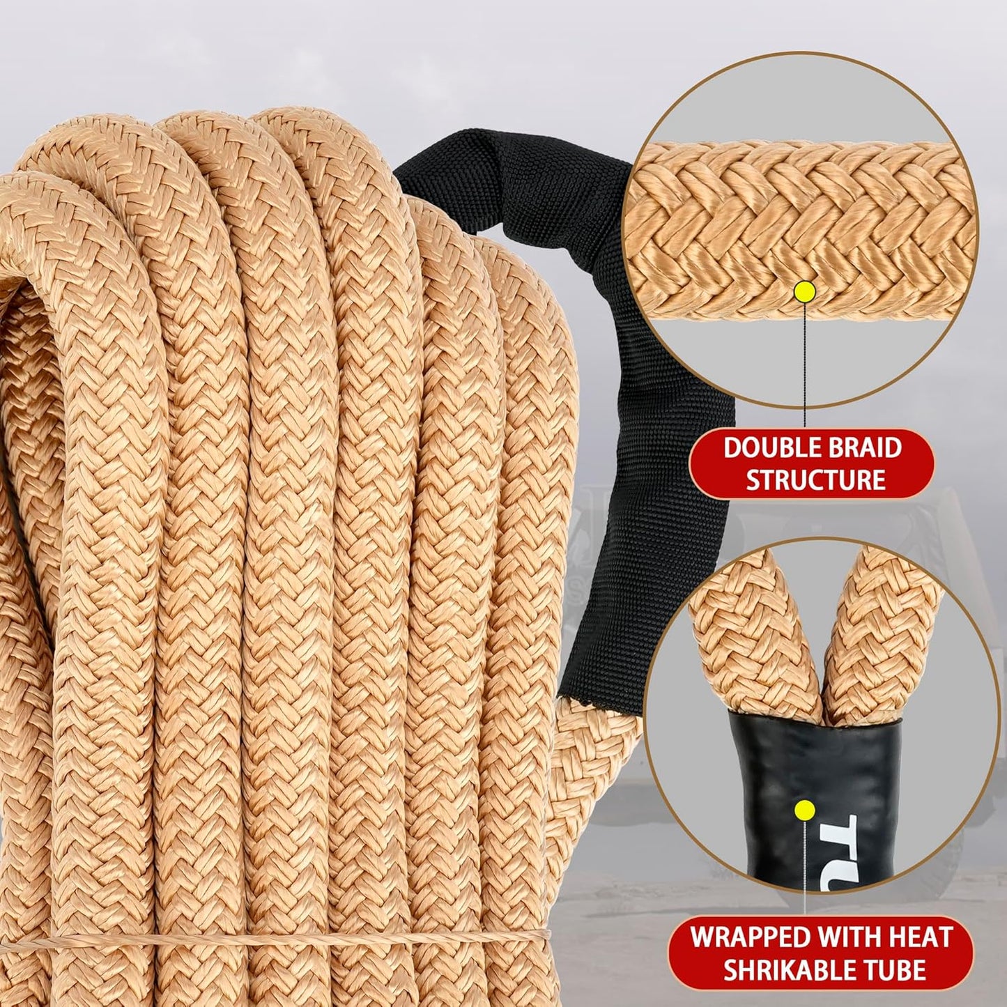 Nylon Kinetic Recovery Tow Rope Heavy Duty Offroad Snatch Strap for for Trucks SUV UTV ATV Tractor Car Jeep, Tractor, Bobcat, Ram 2500, Silverado 2500, Ford F250 (Golden, 1" x 30')