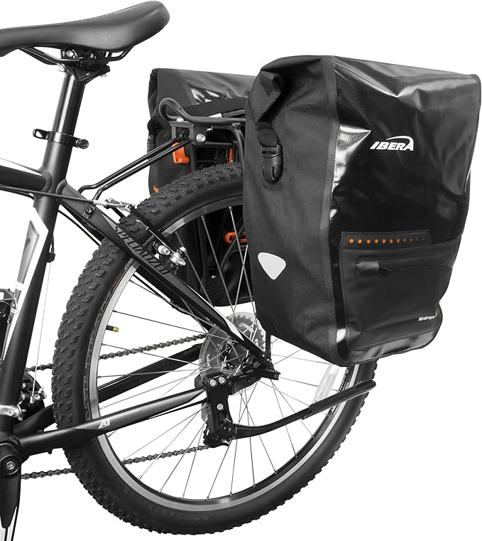 Ibera Panniers Bike Bags 30L (Pair) - Waterproof & with Quick Release/Clip-On System - Bike Saddle Bags For Rear Rack with Rain Cover & 19.8 lbs Capacity - Saddle Bag Bicycle Fits Most Racks (Black)