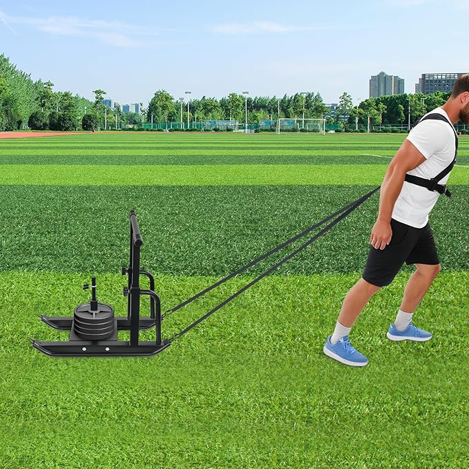 Weight Sled for Strength Training, Heavy Duty Fitness Sled with Shoulder Straps Adjustable Push Pull Sled for Speed, Agility, and Explosive Power, for 1" & 2" Plates