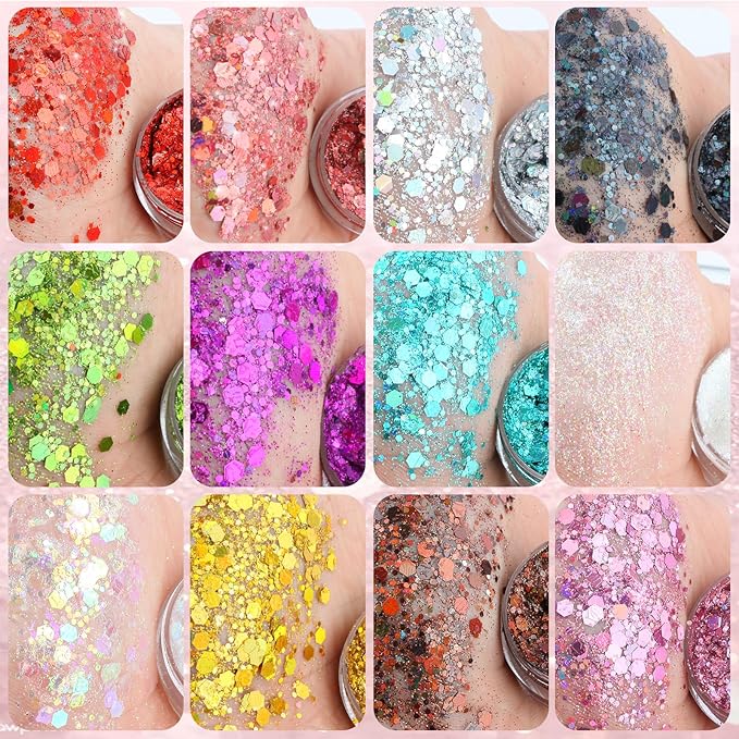 Body Glitter, Face Glitter, Hair Glitter,YGQQOY Holographic Concerts Festival Rave Chunky Glitter Gel, 12 Colors