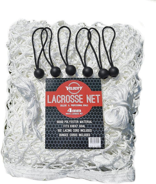 Velocity Heavy Duty Black & White Lacrosse Net - Fits 6’x6’x7’ Goals - Weatherproof, UV Resistant 1000D High-Strength Polyester - Comes with 100+ Feet of Lacing Cord and 4 Quick Ties