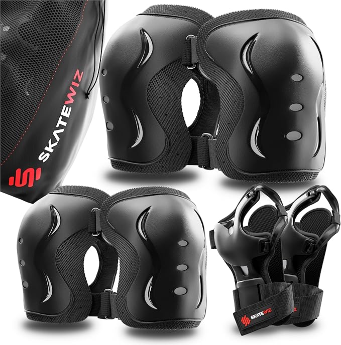 SKATEWIZ Skating Protective Gear Adults & Kids [6pc] incl. Knee Pads, Elbow Pads Wrist Guards for Roller Skating & Skateboarding