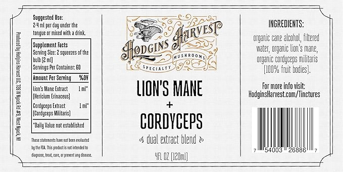 Hodgins Harvest Organic Lion’s Mane + Cordyceps Tincture | Made with Mushrooms Grown On Our Farm in The USA | Dual Extract | Extra-Concentrated (4 fl oz)