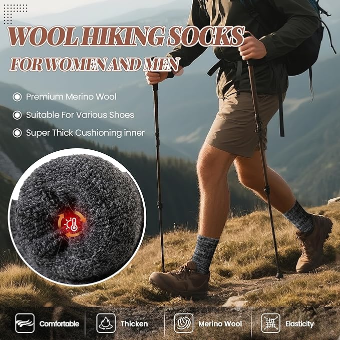 Merino Wool Boot Socks Thermal Winter Ski Thick Warm Hiking Socks for Women Men 3 Pairs