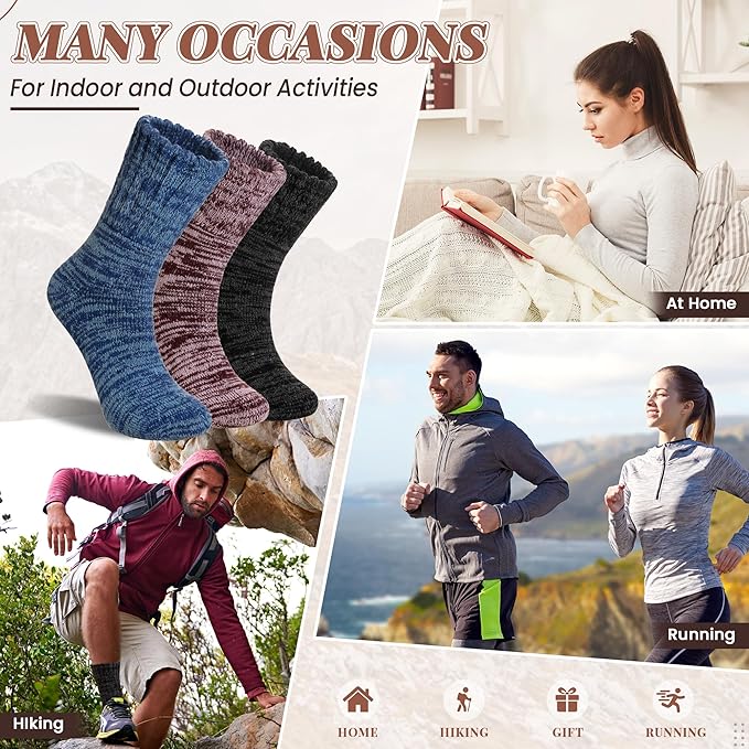 Merino Wool Boot Socks Thermal Winter Ski Thick Warm Hiking Socks for Women Men 3 Pairs