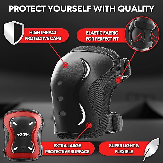 SKATEWIZ Skating Protective Gear Adults & Kids [6pc] incl. Knee Pads, Elbow Pads Wrist Guards for Roller Skating & Skateboarding