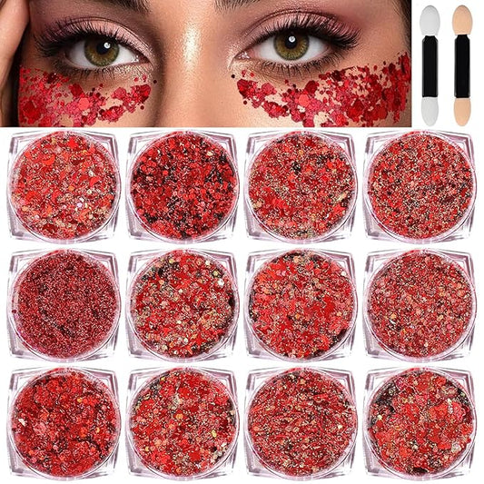 Body Glitter Face Glitter, Hair Glitter for Kids, 12 Shapes Fine Chunky Glitter Gel for Women Girls Makeup Sparkles Party Mermaid Sequins Rave Accessories Singer Concerts Festival (Red Scheme)