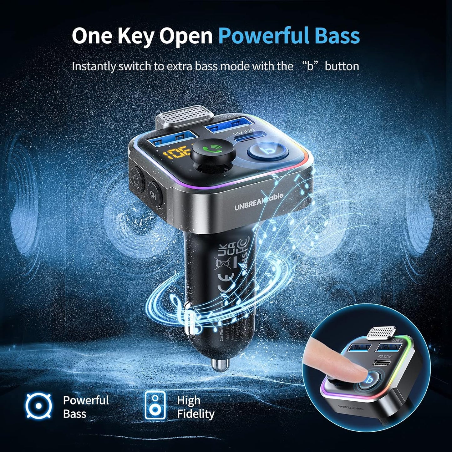 UNBREAKcable Bluetooth FM Transmitter for Car, PD 38W Fast Charging, Wireless Bluetooth FM Radio Adapter, Car Kit with Hands-Free Calls, HiFi Bass Boost MP3 Music Player Support USB Drive