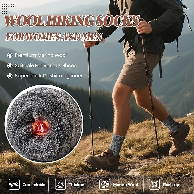 Merino Wool Boot Socks Thermal Winter Ski Thick Warm Hiking Socks for Women Men 3 Pairs