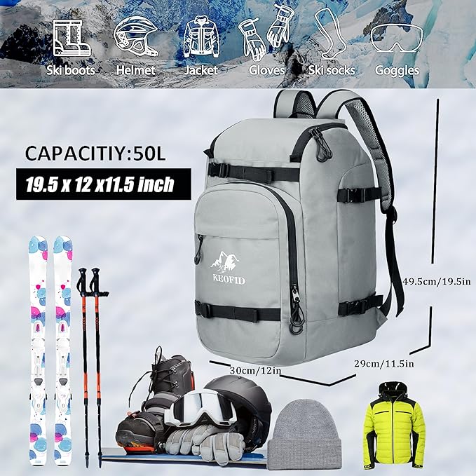 KEOFID 50L Ski Boot Bag Backpack, Waterproof Ski Bag, Travel Backpack for Ski Helmet, Snowboard