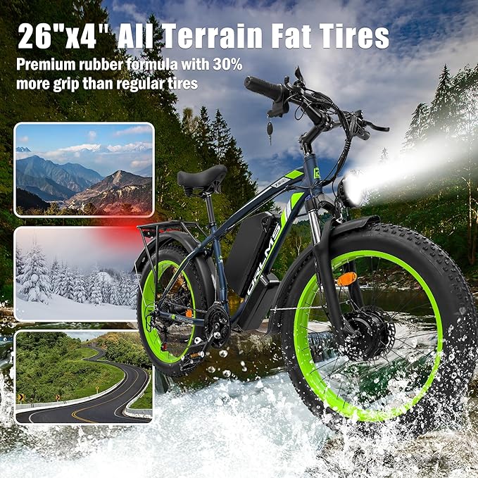 Electric Dirt Bike, 5000W Peak Dual Motor EBike for Adults, 60V 25AH Battery Electric Bike with 40-50MPH Mountain AWD 21-Speed Snow, 26" x 4.0 Fat Tire, Long Range Off-Road