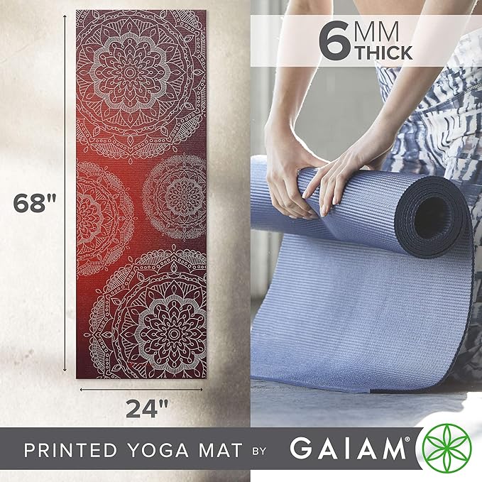 Gaiam Yoga Mat - Premium 6mm Print Extra Thick Non Slip Exercise & Fitness Mat for All Types of Yoga, Pilates & Floor Workouts (68"L x 24"W x 6mm Thick)