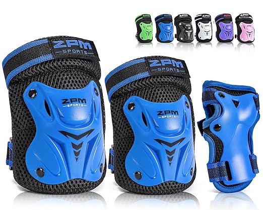 2PM SPORTS Knee Pads for Kids, Wrist Guards Knee and Elbow Pads Set with Drawstring Bag, Protective Gear Set for Girls Boys Roller Skating Cycling Skateboard - Blue Small