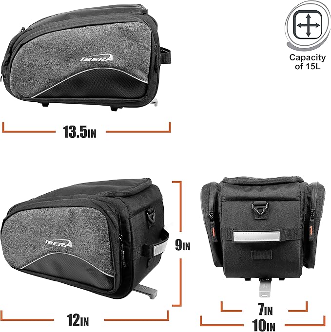 Ibera Bike Bag MIK Expandable Commuter 15-25L - Clip-On bike Bags For Bicycles with Expandable Pannier, Laptop Sleeve & Strap - Reflective Trim & Taillight Ready - Bike Rack Bag ONLY FOR MIK RACKS