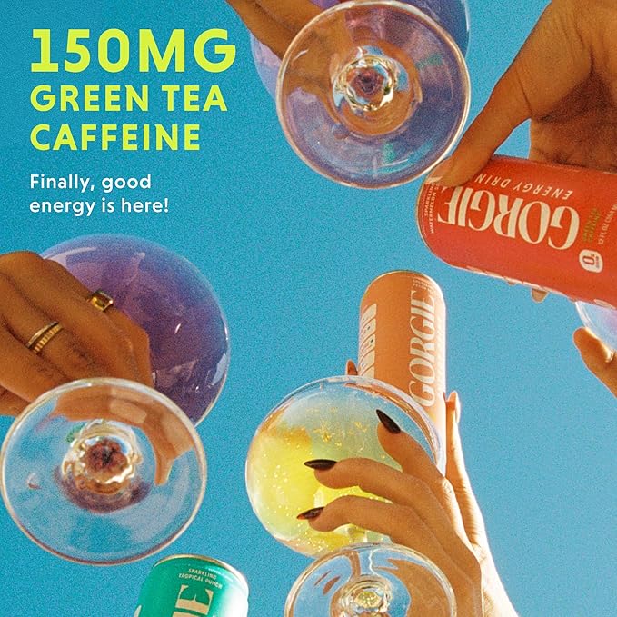 GORGIE Sugar Free Natural Energy Drinks, Peach (12 Pack) - Healthy Energy Drinks - Natural Coffee Replacement with Green Tea Caffeine and Biotin - 150mg Caffeine, Vegan, & Low Calorie