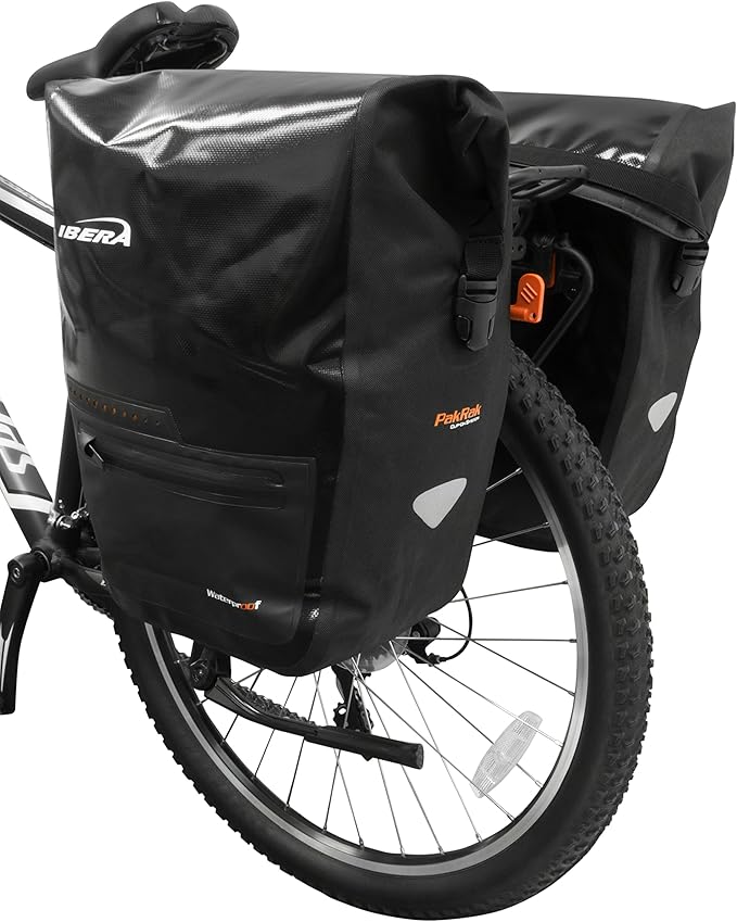 Ibera Panniers Bike Bags 30L (Pair) - Waterproof & with Quick Release/Clip-On System - Bike Saddle Bags For Rear Rack with Rain Cover & 19.8 lbs Capacity - Saddle Bag Bicycle Fits Most Racks (Black)