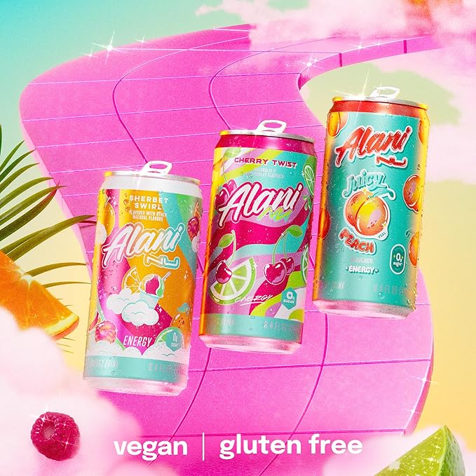 Alani Nu RETRO VARIETY PACK (Sherbet Swirl, Juicy Peach and Cherry Twist), Low Calorie Energy Drinks, 100mg Caffeine, Biotin, B Vitamins, Zero Sugar, 10 Calories or Less, 8 Fl Oz Cans, 12 Pack