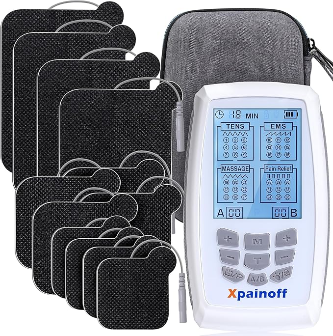 4 in 1 TNES Unit Muscle Stimulator Rechargeable Dual Channel EMS Muscle Massager Electronic Pulse Machine 36 Modes for Pain Relief Therapy,12 PCS TENS Unit Electrode Pads,Storage Case