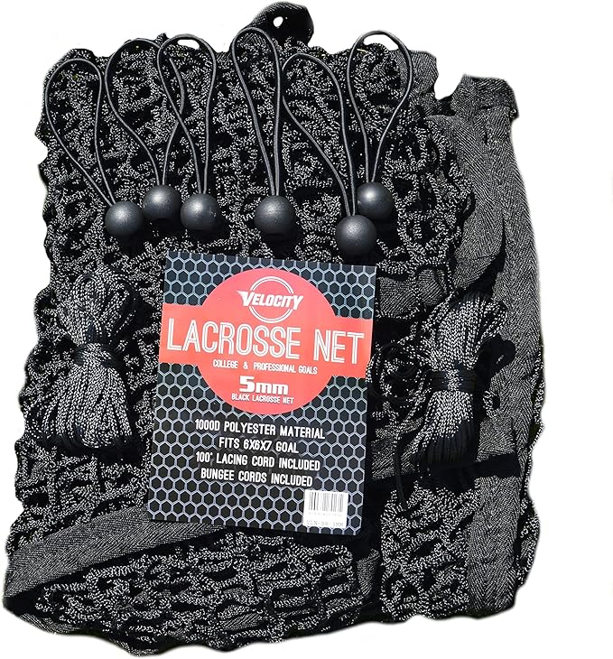 Velocity Heavy Duty Black & White Lacrosse Net - Fits 6’x6’x7’ Goals - Weatherproof, UV Resistant 1000D High-Strength Polyester - Comes with 100+ Feet of Lacing Cord and 4 Quick Ties