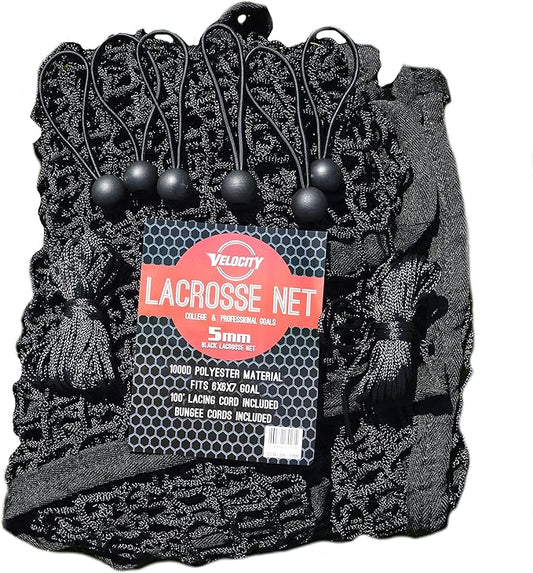 Velocity Heavy Duty Black & White Lacrosse Net - Fits 6’x6’x7’ Goals - Weatherproof, UV Resistant 1000D High-Strength Polyester - Comes with 100+ Feet of Lacing Cord and 4 Quick Ties