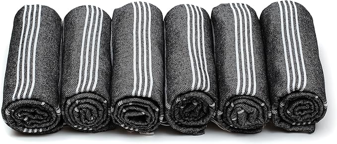HAVLULAND Turkish Beach Towel, Oversized Bath Towels, Sand Free Quick Dry Absorbent Lightweight Pool Travel Camping Blanket Bulk Set (Black, 6 Pack)