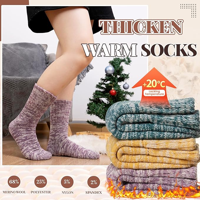 Merino Wool Boot Socks Thermal Winter Ski Thick Warm Hiking Socks for Women Men 3 Pairs