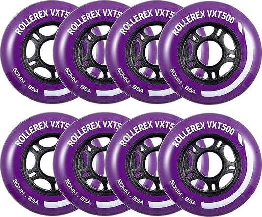 Rollerex VXT500 Inline Skate Wheels (8-Pack) (Various Size & Color Options Available) -Indoor Outdoor- Intended for Roller Blade Wheel Replacement