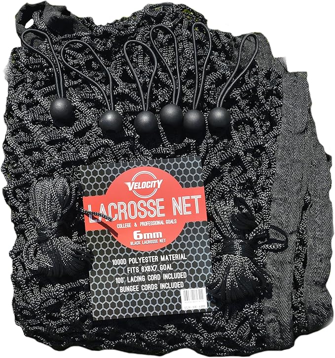 Velocity Heavy Duty Black & White Lacrosse Net - Fits 6’x6’x7’ Goals - Weatherproof, UV Resistant 1000D High-Strength Polyester - Comes with 100+ Feet of Lacing Cord and 4 Quick Ties