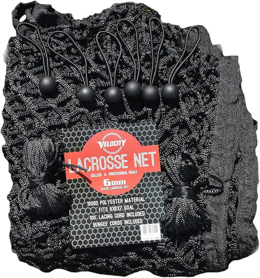 Velocity Heavy Duty Black & White Lacrosse Net - Fits 6’x6’x7’ Goals - Weatherproof, UV Resistant 1000D High-Strength Polyester - Comes with 100+ Feet of Lacing Cord and 4 Quick Ties