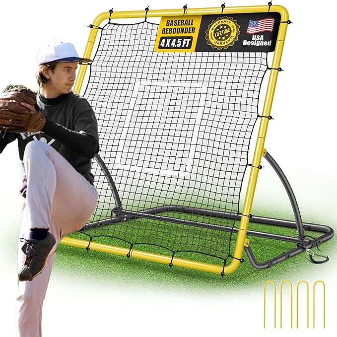 Heavy Duty Baseball Rebounder Net 4x4.5 FT Pitchback with 3 Adjustable Angles, Baseball and Softball Bounce Back Net for Ground, Line Drive, Fly Ball Return Settings Fielding Trainer