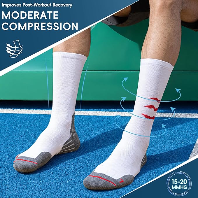 Compression Running Socks, Cushion Crew Socks - Anti-Blister Moisture Wicking for Athletic Hiking Basketball Tennis