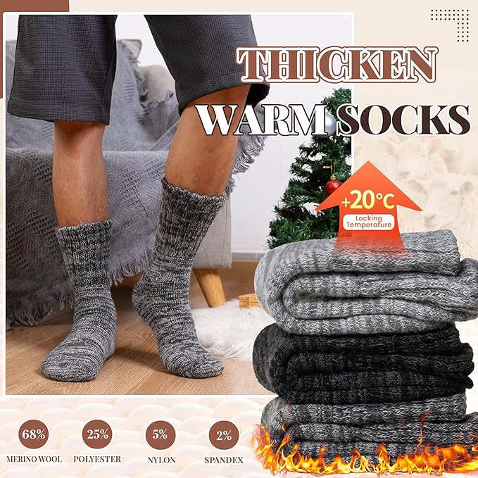 Merino Wool Boot Socks Thermal Winter Ski Thick Warm Hiking Socks for Women Men 3 Pairs