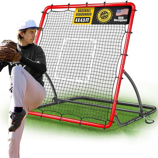 Heavy Duty Baseball Rebounder Net 4x4.5 FT Pitchback with 3 Adjustable Angles, Baseball and Softball Bounce Back Net for Ground, Line Drive, Fly Ball Return Settings Fielding Trainer