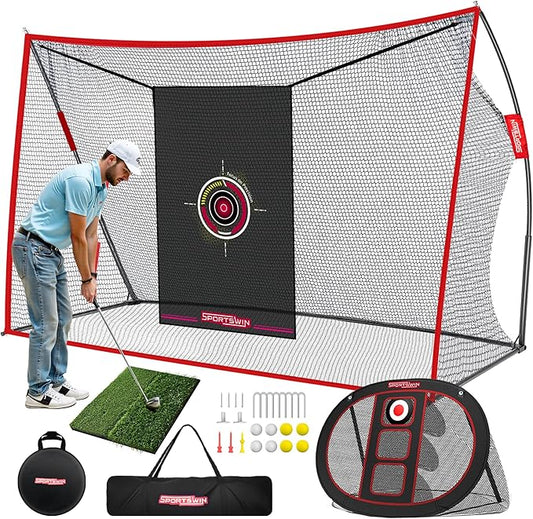 10x7ft Heavy Duty Golf Practice Net with Mat, Target Cloth, 8 Tees, 6 Balls, Carry Bag, Golf Training Net for Backyard Driving Chipping Indoor Outdoor