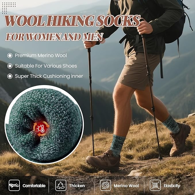 Merino Wool Boot Socks Thermal Winter Ski Thick Warm Hiking Socks for Women Men 3 Pairs
