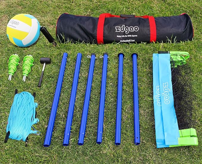 Outdoor Portable Volleyball Net System - Adjustable Height Poles with Soft Volleyball Ball, Pump, Hammer, Boundary Line, and Carry Bag for Backyard, Beach, Lawn