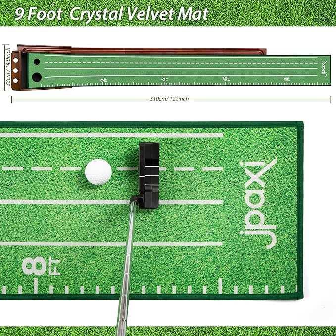 Golf Putting Mat with Ball Return - Putting Green Indoor Featuring 9ft Non-Slip Velvet Surface for Indoor & Outdoor - Smooth, Skip-Free Walnut Ball Return System - Golf Practice Mat for Backyard