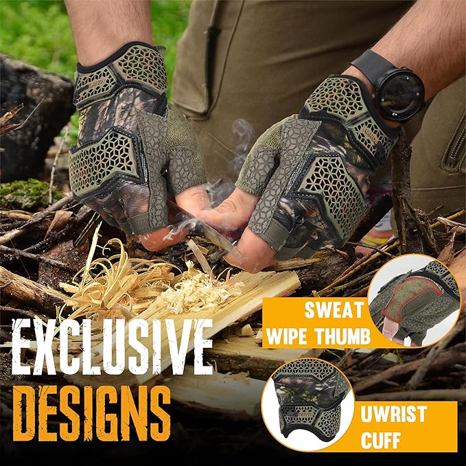 HANDLANDY Fingerless Work Gloves for Men, Padded Impact Tactical Mechanics Gloves, Grip Utility Trucker Driver Gloves (Camo- impact, Large (Pack of 1))
