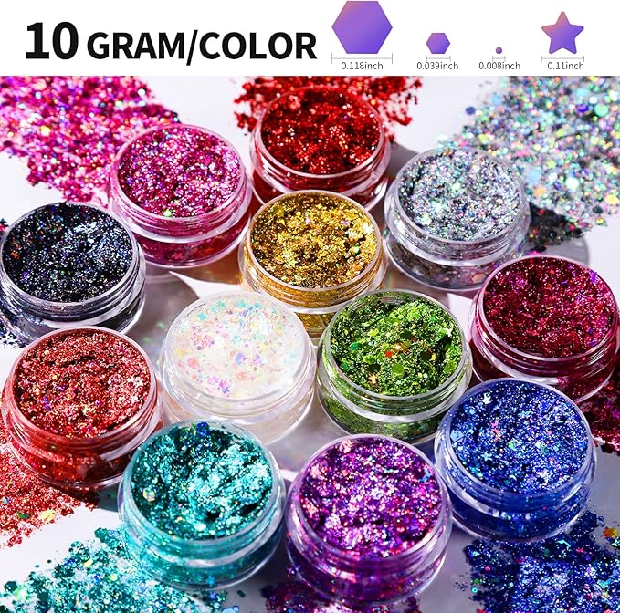 Teenitor Face Glitter Makeup Glitter, 12 Colors Face and Body Glitter Gel for Festival Makeup, Gel Hair Glitter for Face, Body, Hair, Total 120g/4.23oz