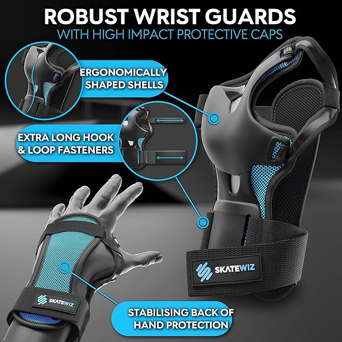 SKATEWIZ Skating Protective Gear Adults & Kids [6pc] incl. Knee Pads, Elbow Pads Wrist Guards for Roller Skating & Skateboarding