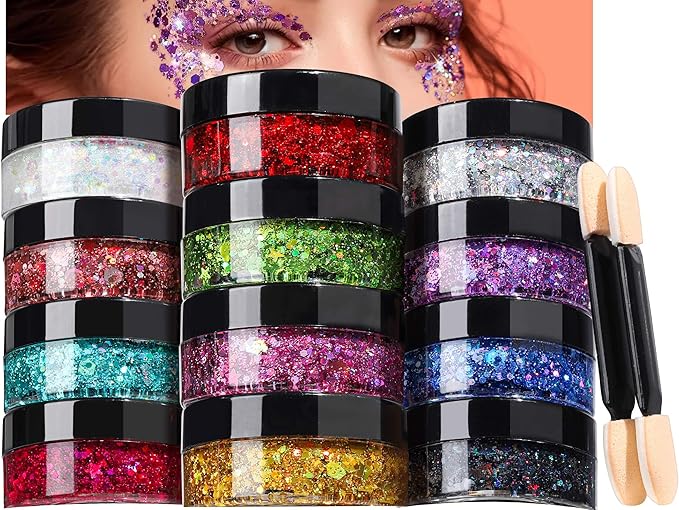 Teenitor Face Glitter Makeup Glitter, 12 Colors Face and Body Glitter Gel for Festival Makeup, Gel Hair Glitter for Face, Body, Hair, Total 120g/4.23oz