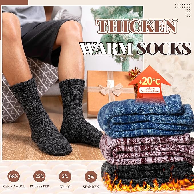 Merino Wool Boot Socks Thermal Winter Ski Thick Warm Hiking Socks for Women Men 3 Pairs