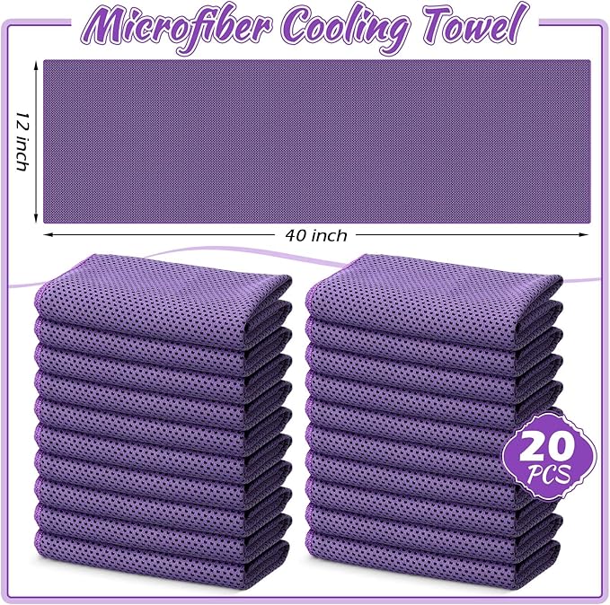 20 Pcs Cooling Towel 40" x 12" Ice Towel for Neck and Face Microfiber Chilly with Bag Breathable Yoga Gym Stay Cool Towels Sweat Rag for Workout Running Camping Pilates Beach Accessories (Purple)