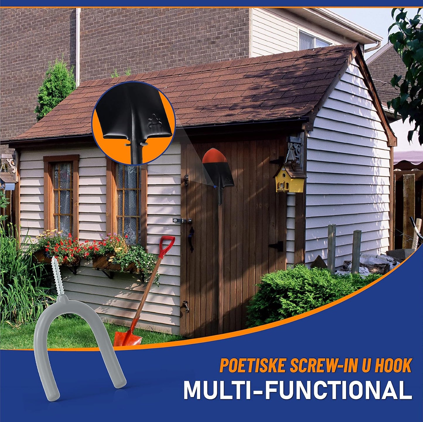 POETISKE Screw in U Utility Hooks Wall Mount Garage Storage Organizer Hanger Hanging Shovels Broom Guitar Garden Tools Heavy Duty Vinyl Holder 16pack