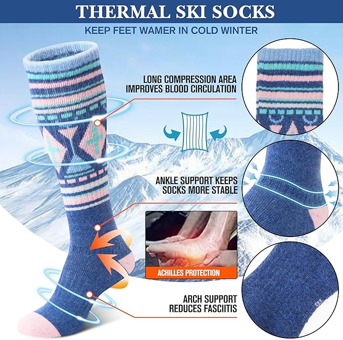 3 Pairs Merino Wool Ski Socks Thermal Warm Winter Thick Knee High Snowboarding Skiing Socks for Women Men