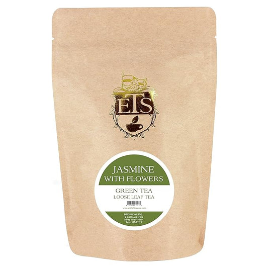 Jasmine with Flowers Green Tea | Loose Leaf Green Tea from Fujian Province | Fragrant Floral Aroma | Light & Smooth Steamed Tea | 4oz Resealable Pouch | Relaxing Herbal Tea | Natural Jasmine Scent